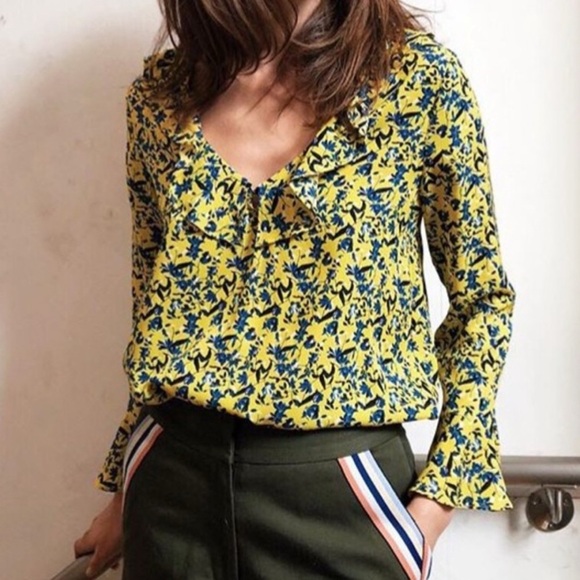 Tanya Taylor Tops - Tanya Taylor Yellow Floral Printed Silk Blouse Size Small EUC
